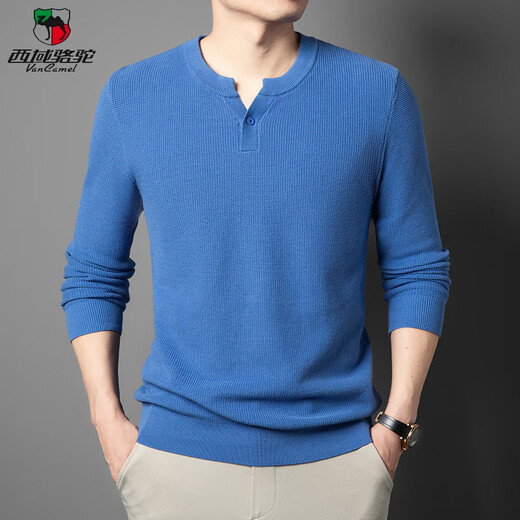 Western Camel (VANCAMEL) high-end pure cotton Henry collar men's sweater thickened autumn and winter new solid color anti-pilling pullover bottoming trendy long-sleeved black 4XL
