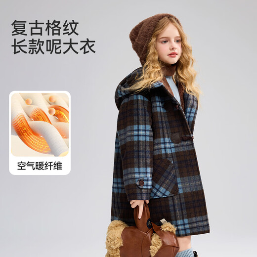 ASK JUNIOR children's coat 25 winter medium and large children's college style hooded coat girls plaid contrast wool coat