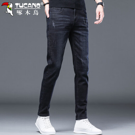 啄木鸟（TUCANO）牛仔裤男秋冬季修身弹力长裤子男士潮牌商务休闲裤男 蓝黑色 32