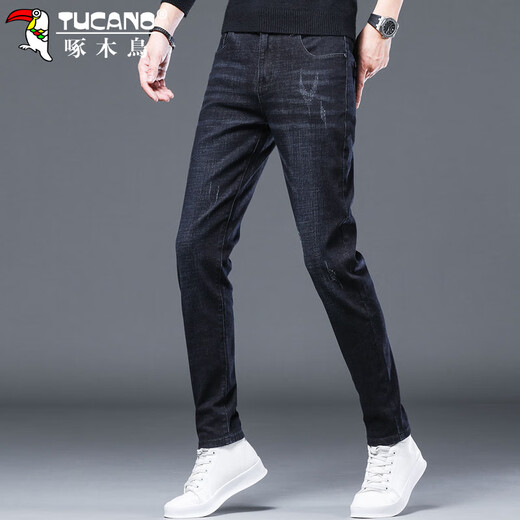 啄木鸟（TUCANO）牛仔裤男秋冬季修身弹力长裤子男士潮牌商务休闲裤男 蓝黑色 32