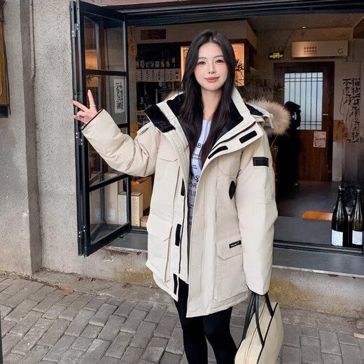LUCK SWAN GODSE羽绒服女中长款工装派克服男情侣冲锋衣冬季极寒大衣加厚保暖外套 米白色-加拿大08远征大鹅风格 -男女同款 M 【建议体重：90-105斤】