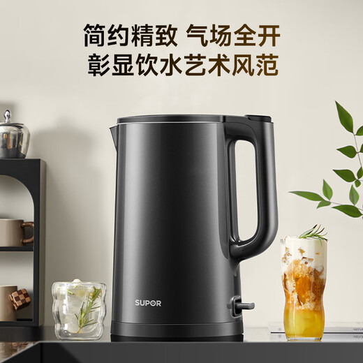 SUPOR hot water kettle electric kettle 2.2L large capacity all-steel seamless double-layer anti-scalding electric kettle 304 stainless steel 1800W high power SW-22J05A