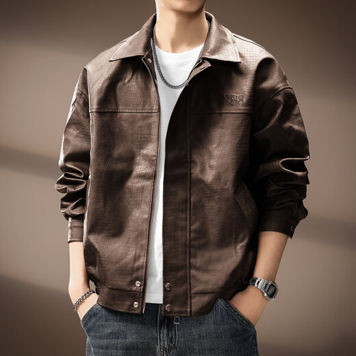 New Balance high-end Japanese retro motorcycle lapel PU leather jacket for men in autumn new high street fashion brand loose bomber jacket for men black L