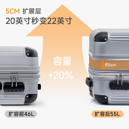爱华仕行李箱大容量拉杆箱包轻便耐用密码箱旅行箱开学推拉皮箱子 银色 20英寸 可登飞机箱