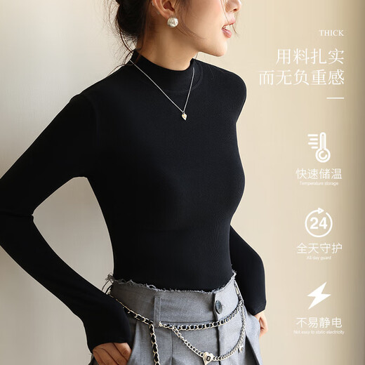 Bottoming shirt for women, half turtleneck, autumn and winter new style, thickened, can be worn outside, slimming, long-sleeved, solid color, skin-friendly, dark night black, thermal storage, warmth and anti-pilling, one size fits all, suitable for 80-140Jin Jin is equal to 0.5kg