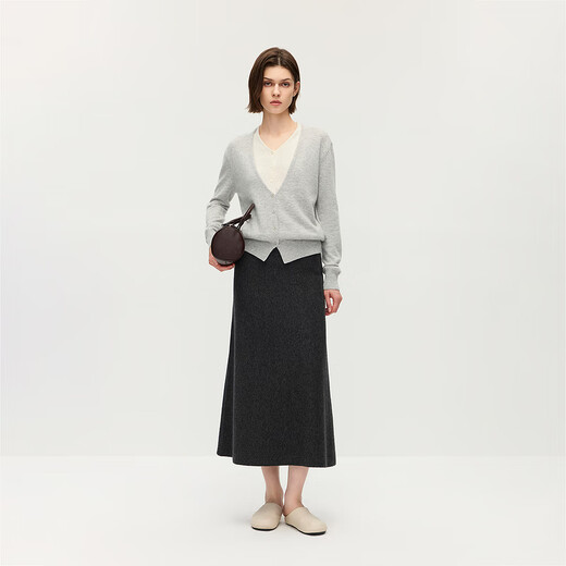 OCHIRLY Wool A-Line Woolen Skirt Mid-Length Style Commuting 2025 Autumn New Product Dark Gray L