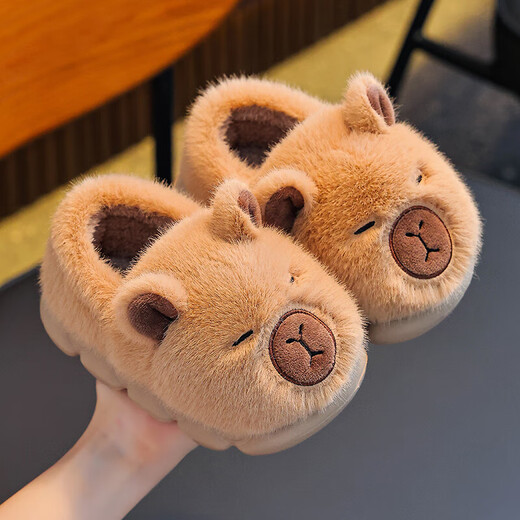 Kapibara winter children's bag heel cotton shoes keep warm at home. Furry EVA bottom non-slip cotton slippers for small and medium-sized children. Upgraded version of environmentally friendly material light brown color 12 34/35 shoe inner length 20.5 suitable for foot length 19.5
