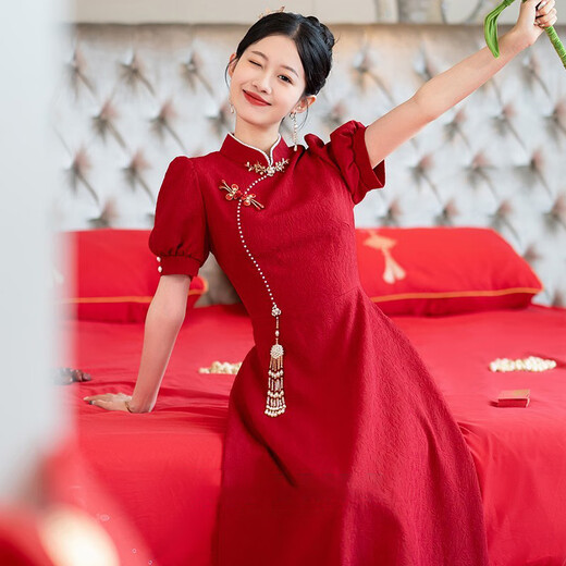 Pubindi Bridal Toast Wear Chinese Cheongsam Toast Wear 2025 New New Red Bride Wedding Engagement Return Dress Burgundy XS