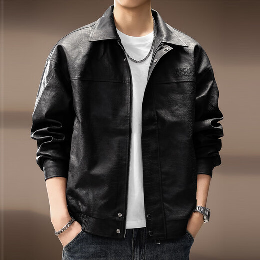 New Balance high-end Japanese retro motorcycle lapel PU leather jacket for men in autumn new high street fashion brand loose bomber jacket for men black L