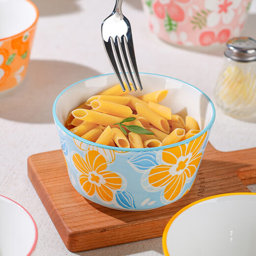 Ceramic bowl with underglaze color, high appearance, household bowl, 4.7-inch rice bowl, cutlery bowl, one person, one person, 4.7-inch flower rice bowl, 4-pack