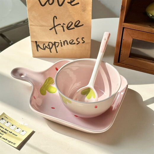 Cream powder strawberry ceramic bowl and spoon for household high-looking rice bowl girl's heart dessert bowl underglaze color tableware set 1 piece light pink strawberry handle plate