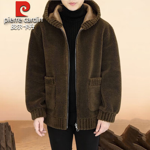 Pierre Cardin 2025 autumn and winter new high-end sherpa jacket men's fur one-piece woolen coat men's jacket threaded hood 965865 zipper gray 2XL 180 Recommendation 130-145Jin Jin equals 0.5 kg