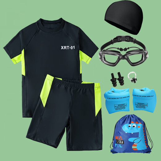 MilletPepper swimming suit for young men, one-piece swimming trunks, black, middle and large children, primary school students, junior high school training students, green + green hat + swimming goggles, nose clip, earplugs + swimming bag S (45-60Jin Jin is equal to 0.5kg)