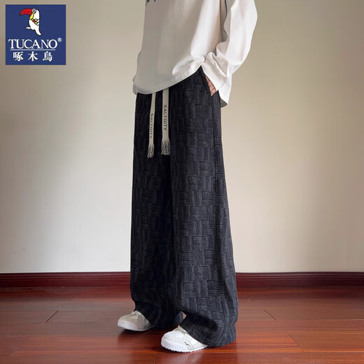 Woodpecker Casual Pants Men's 2025 Autumn New American Retro Plaid Heavy Pants Loose Straight Wide Leg Sports Pants Black XL 65kg-75kg