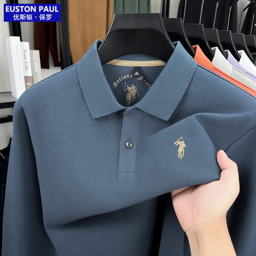 EUSTON PAUL Autumn new style 100% cotton men's long-sleeved T-shirt high-end lapel embroidery versatile POLO shirt for young and middle-aged people Black L (50) Weight 120-140Jin Jin is equal to 0.5 kg