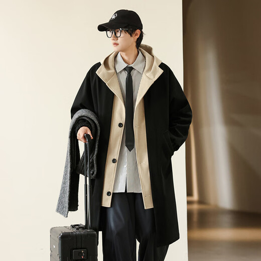 ROMON men's windbreaker mid-length high-end hooded fake two-piece windbreaker coat autumn and winter thickened men's coat apricot 2XL