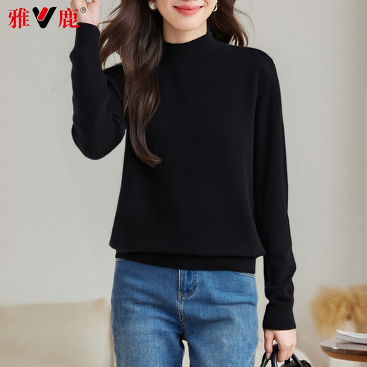 Yalu 100% Pure Wool Sweater Women's Solid Color Simple Half Turtle Collar Fashion Versatile Sweater Autumn and Winter Warm Knitted Bottoming Sweater Black L