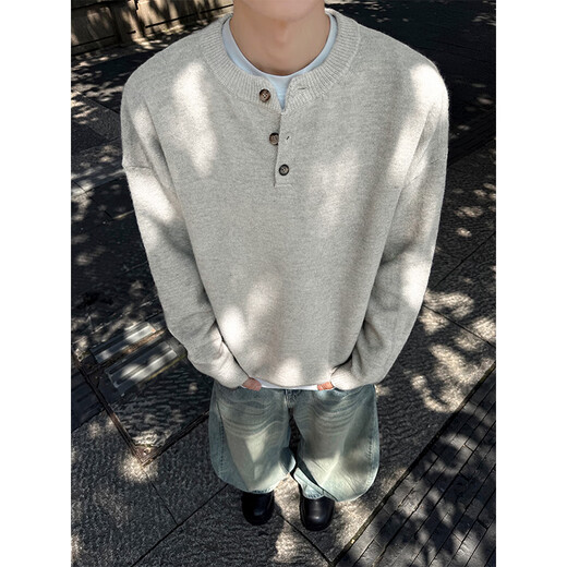 Shelley Jonescleanfit henley collar sweater men's autumn and winter new loose trendy warm sweater with long sleeves white floral gray L recommended 110-125Jin Jin equals 0.5 kg