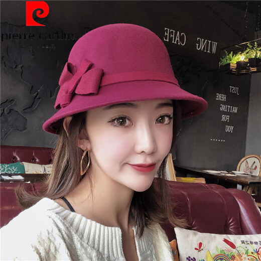 Pierre Cardin (Pierre Cardin) French imported quality autumn and winter women's hats bowler hat woolen women's basin hat fashion hat round hat winter women's hair ball three-leaf camel color adjustable