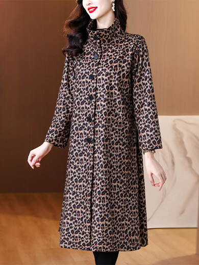 Homesee International Light Luxury High-end Windbreaker 2025 New Medium and Long Leopard Print Windbreaker Jacket Women's Long Sleeve Fashionable Leopard Print M