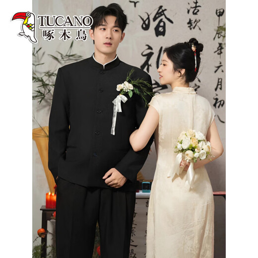 Woodpecker New Chinese Style Mao Suit Men's Suit Wedding Groom Engagement Dress Stand Collar Suit Jacket Black Suit + Pants XL (Recommended 155-170 Jin Jin equals 0.5 kg)