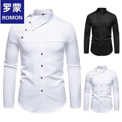 ROMON 2025 new men's European size personalized inclined button Henry collar long-sleeved shirt men's casual shirt white M