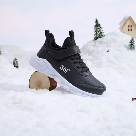 361°儿童运动鞋男童跑鞋秋冬密网轻便魔术贴女童皮革加绒保暖运动鞋 【皮革加绒】碳黑/361度白 33