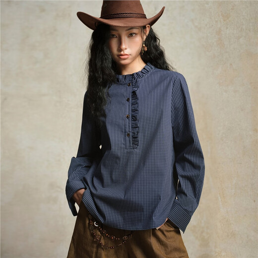 Giordano designer loose miu style college style lace stand collar plaid shirt women's long sleeve 18345614