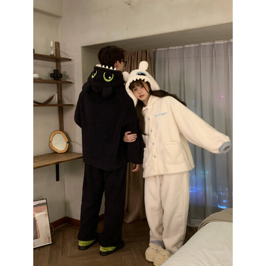 Couple pajamas winter plus velvet cartoon couple pajamas coral velvet winter one man and one woman thickened plus velvet hooded winter Toothless black and gray hooded top + pants single set 2XL male 155-180Jin Jin is equal to 0.5 kg