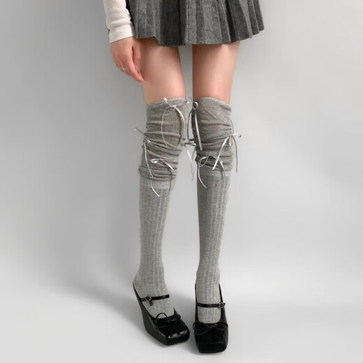 Jane Deiune stockings for women spring and autumn spliced bow-knot pile socks Lolita over-knee socks slim pure lust style jk Japanese style black + gray bow-knot over-the-knee socks one-size-fits-all transforms into comic legs in seconds suitable for 70-150 Jin Jin is equal to 0.5 kg