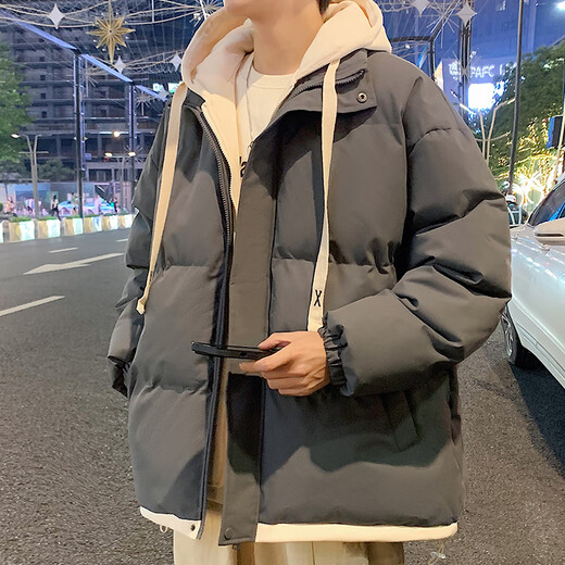Playboy (PLAYBOY) fake two-piece hooded thickened cotton coat for men autumn and winter 2026 new cotton coat jacket for men loose warm bread coat 636# dark gray XL recommended 140~160Jin Jin equals 0.5 kg to wear