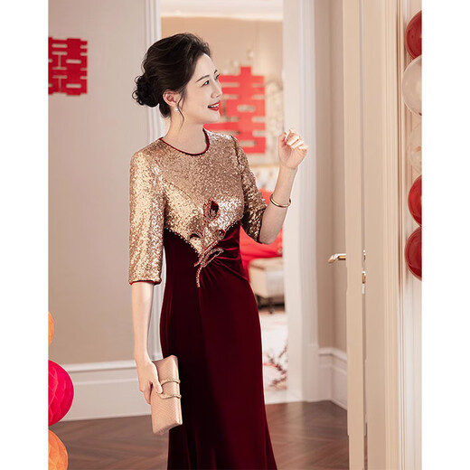 Pierre Cardin Noble Mother-in-Law Wedding Dress Women's Autumn Small Middle-aged Mother's M Dress Waist Slimming Fishtail Burgundy M Recommended 75-95 Jin Jin equals 0.5 kg