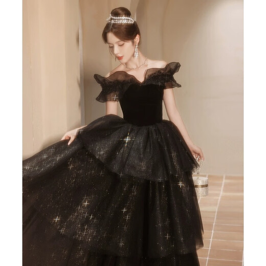 Black one-shoulder evening dress for women, high-end light luxury, niche adult ceremony, tutu skirt, dinner host art test, black 2XL 115Jin Jin is equal to 0.5kg -120Jin Jin is equal to 0.5kg, the card size is large