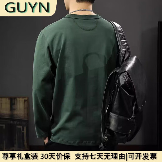 GUYN light luxury men's clothing brand 2025 spring new pure cotton Henry collar long-sleeved T-shirt for men, loose, fashionable and versatile, military green military green 2XL 150175Jin Jin equals 0.5 kg