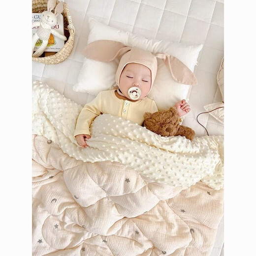 Newborn baby spring and autumn blanket, children's air-conditioned quilt, kindergarten quilt, autumn and winter quilt, soothing beanie plush blanket, bear head-embroidered beanie quilt 120x100cm