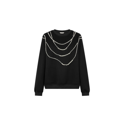 MEIYANG Pearl Sweater Heavy Industry Beauty Handmade Beading Casual Simple Round Neck Top Sweet and Slim Autumn New Style Black M