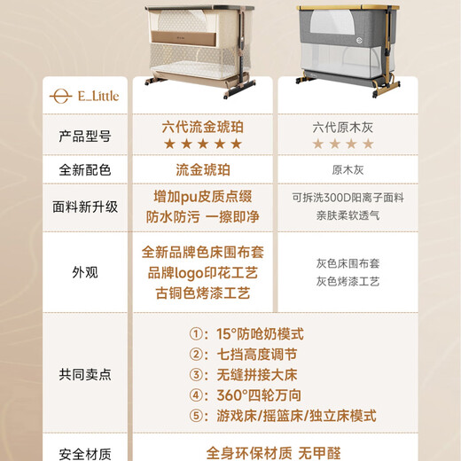 Elittile Baby Bed Portable Foldable Baby Multifunctional Adjustable Newborn Bed Sixth Generation - Golden Amber + Coconut Palm Mattress