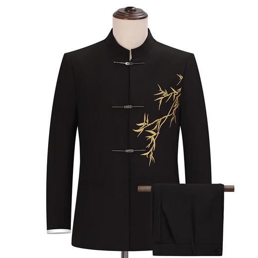 GOKU Men's New Chinese Style Engagement Dress Stand Collar Mao Suit Suit Chinese Style Embroidered Suit for Marriage Tang Suit Men Golden Bamboo Jacket + Pants L Recommended weight 110-130 Jin Jin equals 0.5 kg
