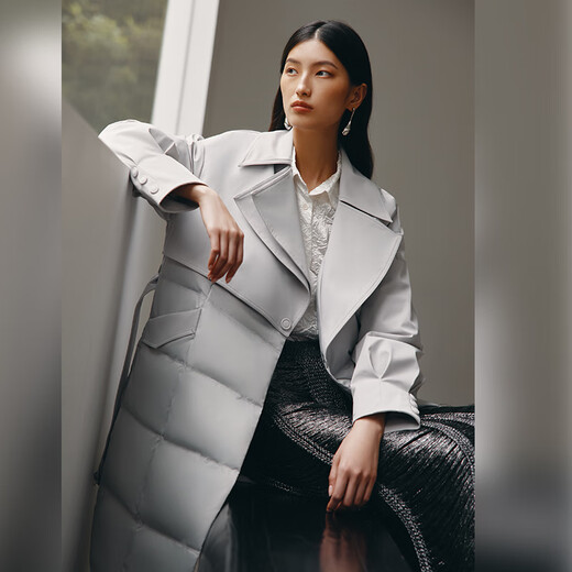Ai Lai windbreaker down jacket women's fashionable temperament long detachable belt slimming warm goose down jacket architectural gray M
