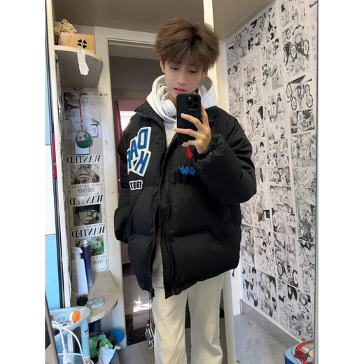 Luosenchi (LUOSENCHI) winter down jacket for men and women, national fashion, American trend, embroidered letters, loose, fashionable, thickened and warm bread coat, black main picture embroidered style, thickened and warm, non-slip cotton S