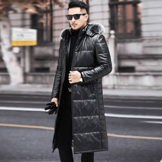 Matchstick extra long knee-length leather jacket for men, sheepskin jacket, hooded leather windbreaker, fur collar, thickened leather jacket, winter trendy black M