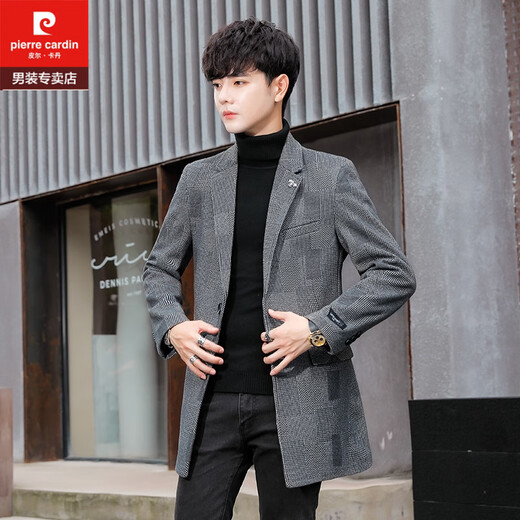 Pierre Cardin men's suit mid-length windbreaker jacket spring and autumn slim woolen top youth Korean style trendy woolen coat deep grid 15 3XL 155-170Jin Jin equals 0.5 kg