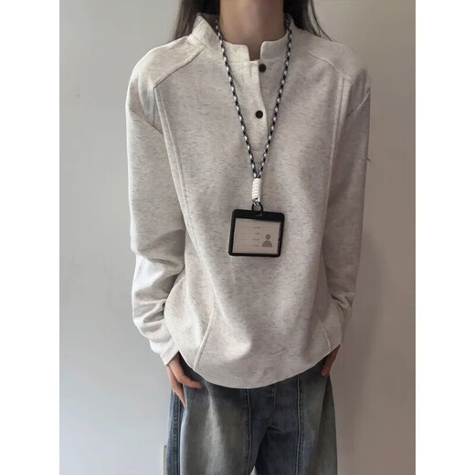 XIXNPOLO shirt Henry collar long-sleeved t-shirt for men in autumn deconstructed splicing design right shoulder bottoming shirt spring and autumn sweatshirt CX81+ black M recommended 80-105Jin Jin equals 0.5 kg