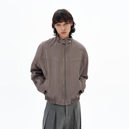 Weilang's shop autumn American washed distressed stand collar leather jacket men's high-end handsome deconstructed jacket couple New Year green coffee color L