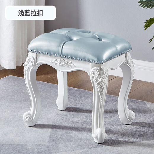 European French style solid wood dressing stool, carved makeup stool, white light luxury princess stool, dressing table stool, soft bag makeup stool, all solid wood, white buckle with gold finish