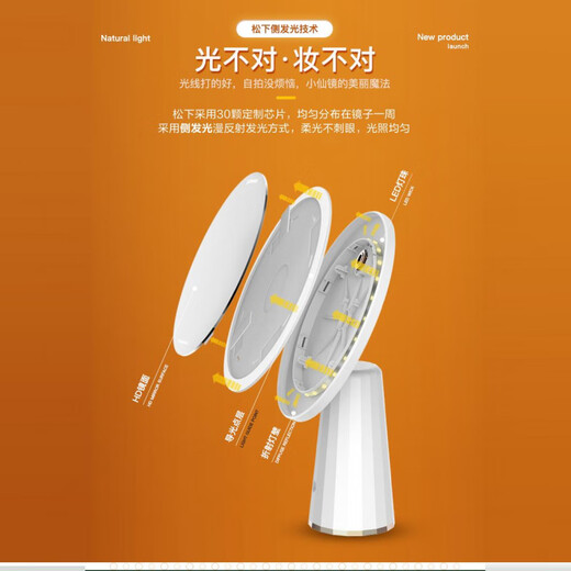 松下LED化妆镜带灯家用卧室镜子学生宿舍办公室台式桌面化妆镜子 粉色莱影+插头套餐