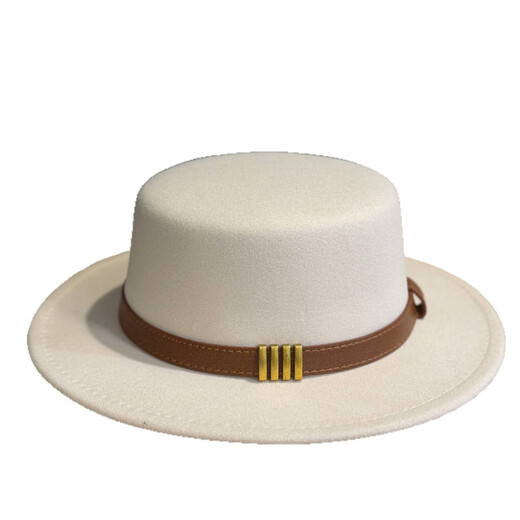 Woodpecker Hepburn style French belt decorated woolen flat top hat female British socialite retro all-match jazz hat khaki color adult 54-60 adjustable