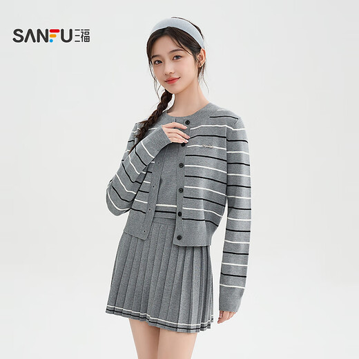 Sanfu (SANFU) Suit 2025 Autumn Small Label Decorated Cardigan Vest Half Skirt Three-piece Set Women's 510219 Light Gray L