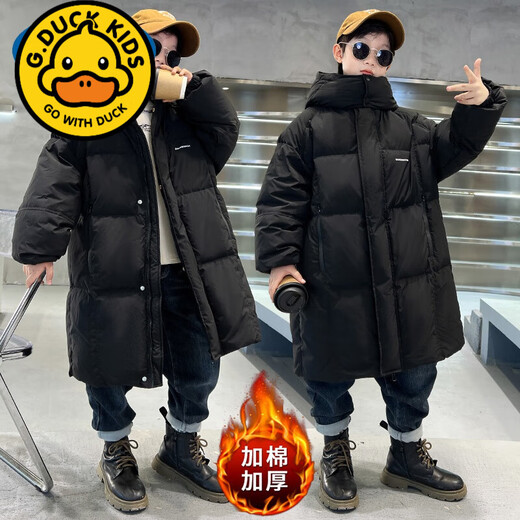 G.duck Children's Boys' Winter Cotton Clothes 2024 New Medium and Large Children's Winter Thickened Cotton Jackets Trendy Brand Medium and Long Down Cotton Jackets Black 120 cm