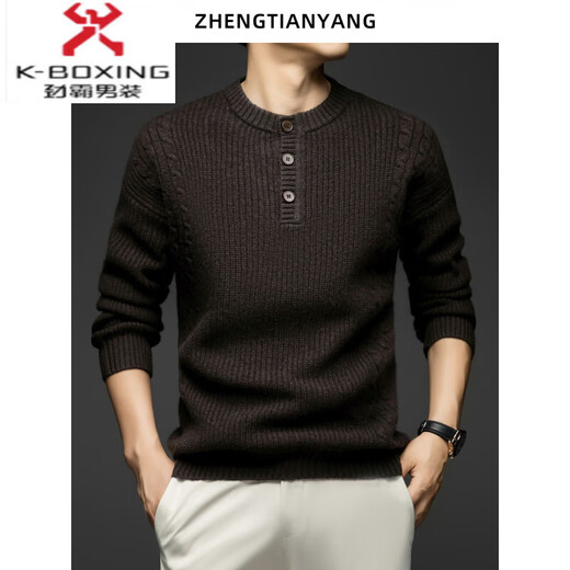 KBXNG Retro Thickened Pure Wool Sweater Men's Winter Henley Collar Wide Version Loose Twisted Thick Wool Warm Sweater Dark Brown S 165